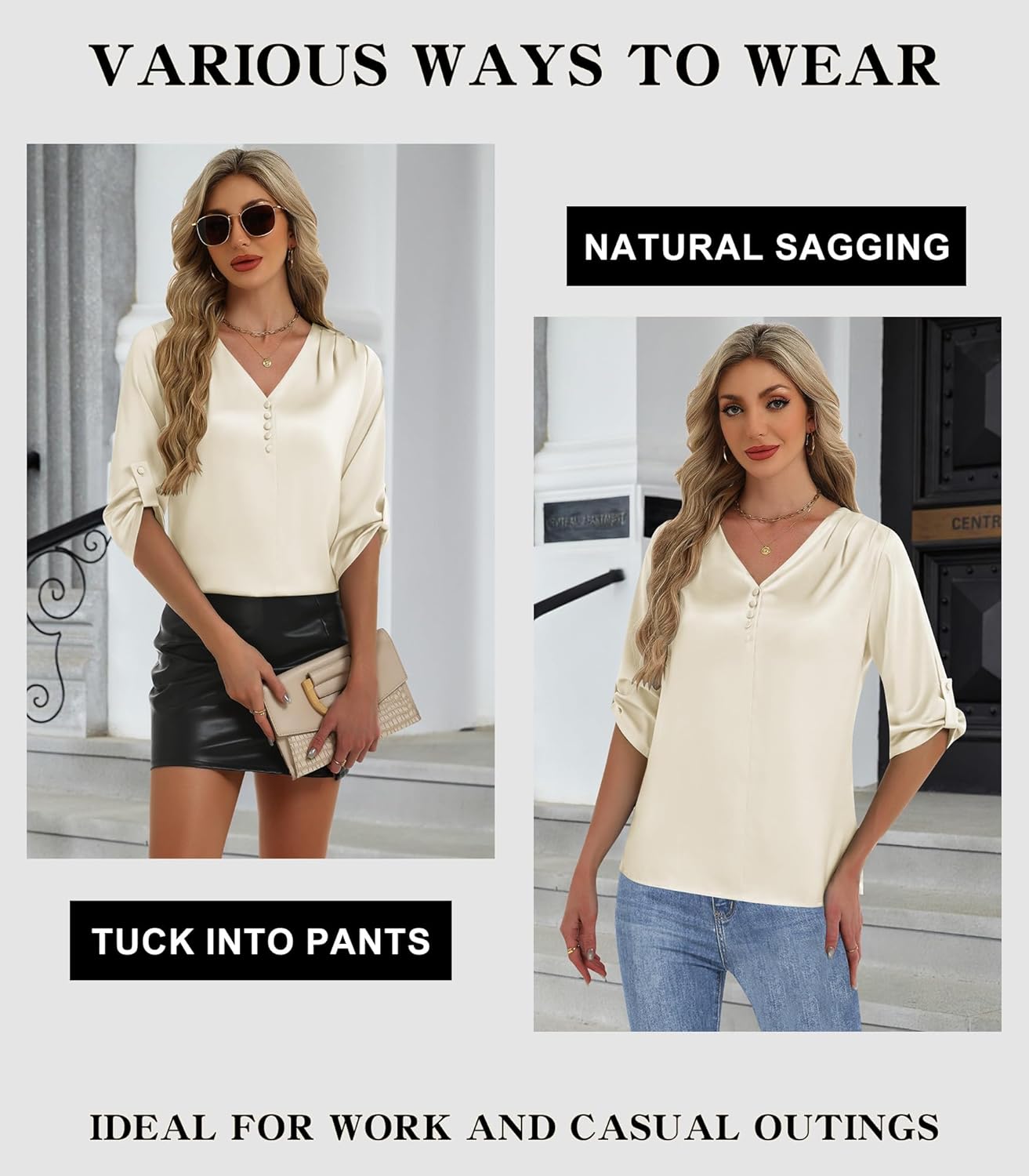 2026 Womens 3/4 Sleeve Shirts Dressy Casual Tops Pleated Satin Silk Business Blouses - Image 4