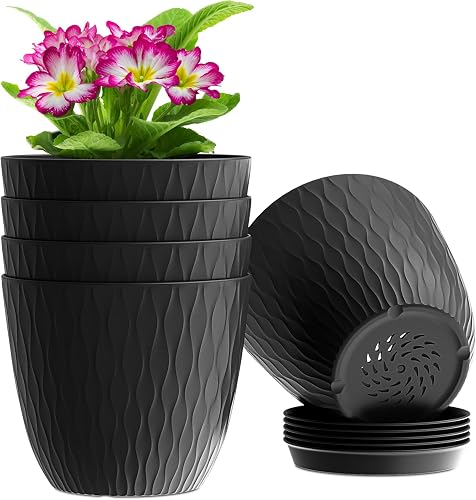 WSMKSZ 6 inch Plant Pots, 5 Pack Flower Pots with Drainage Holes and Saucers for Indoor Plants, Plastic Planters with Water Ripple for Small Garden House Plants, Nursery Pots for Succulent, Black