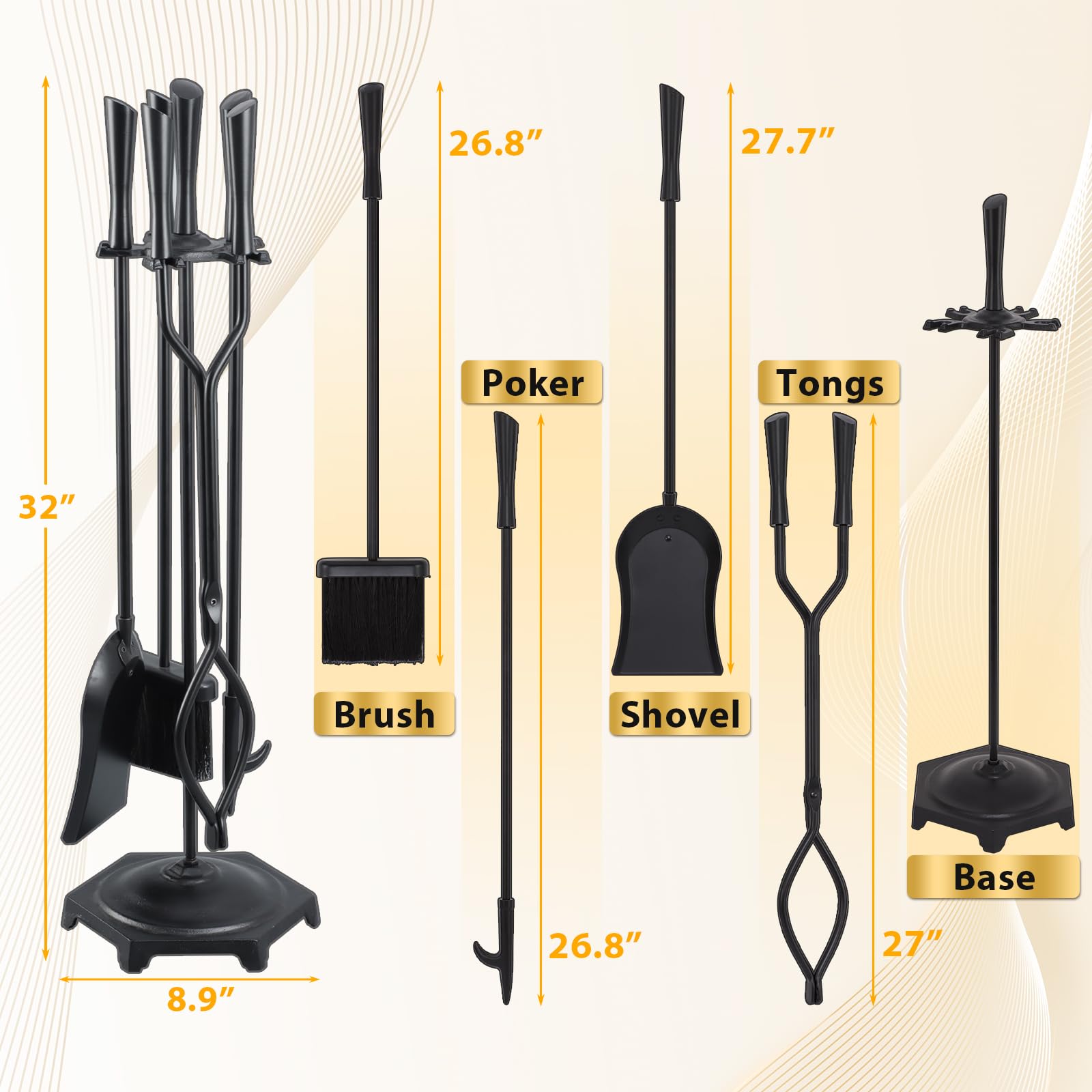 Snapklik.com : FEED GARDEN Fireplace Tools Set 5 Pieces Modern 32 Inch