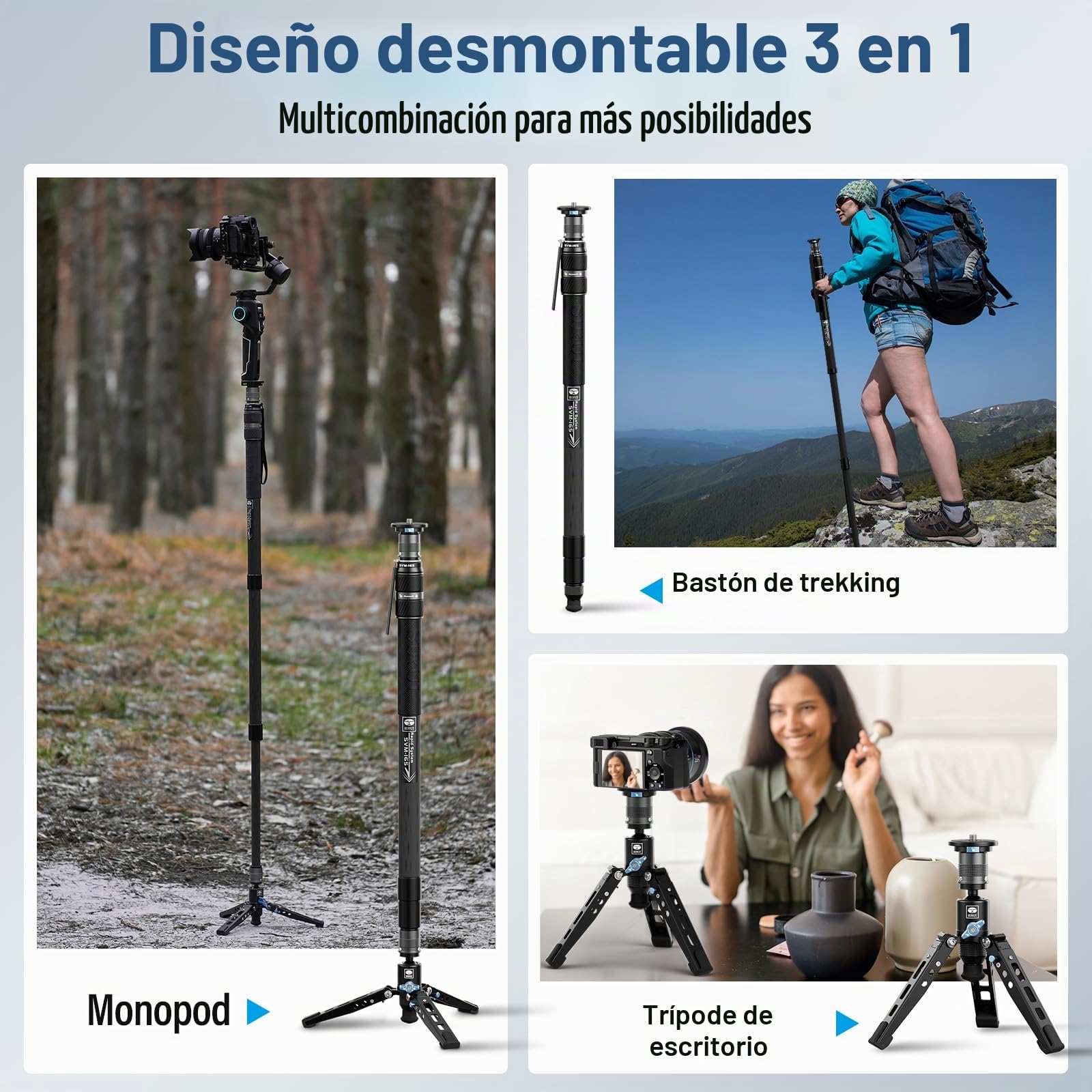 SIRUI Monopié para Cámara SVM-165, Monopié de Fotografía de Carbono de 165cm con Pies, Ajuste Rápido de Altura en un Solo Paso, Monopié de Viaje para DSLR, Carga Máxima 22 Libras