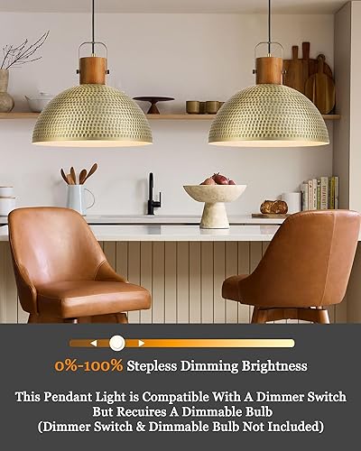 Miniatura 2 de ELYONA Paquete de 2 lámparas colgantes martilladas grandes, lámpara colgante de cúpula vintage de madera de fresno de 16 pulgadas, iluminación