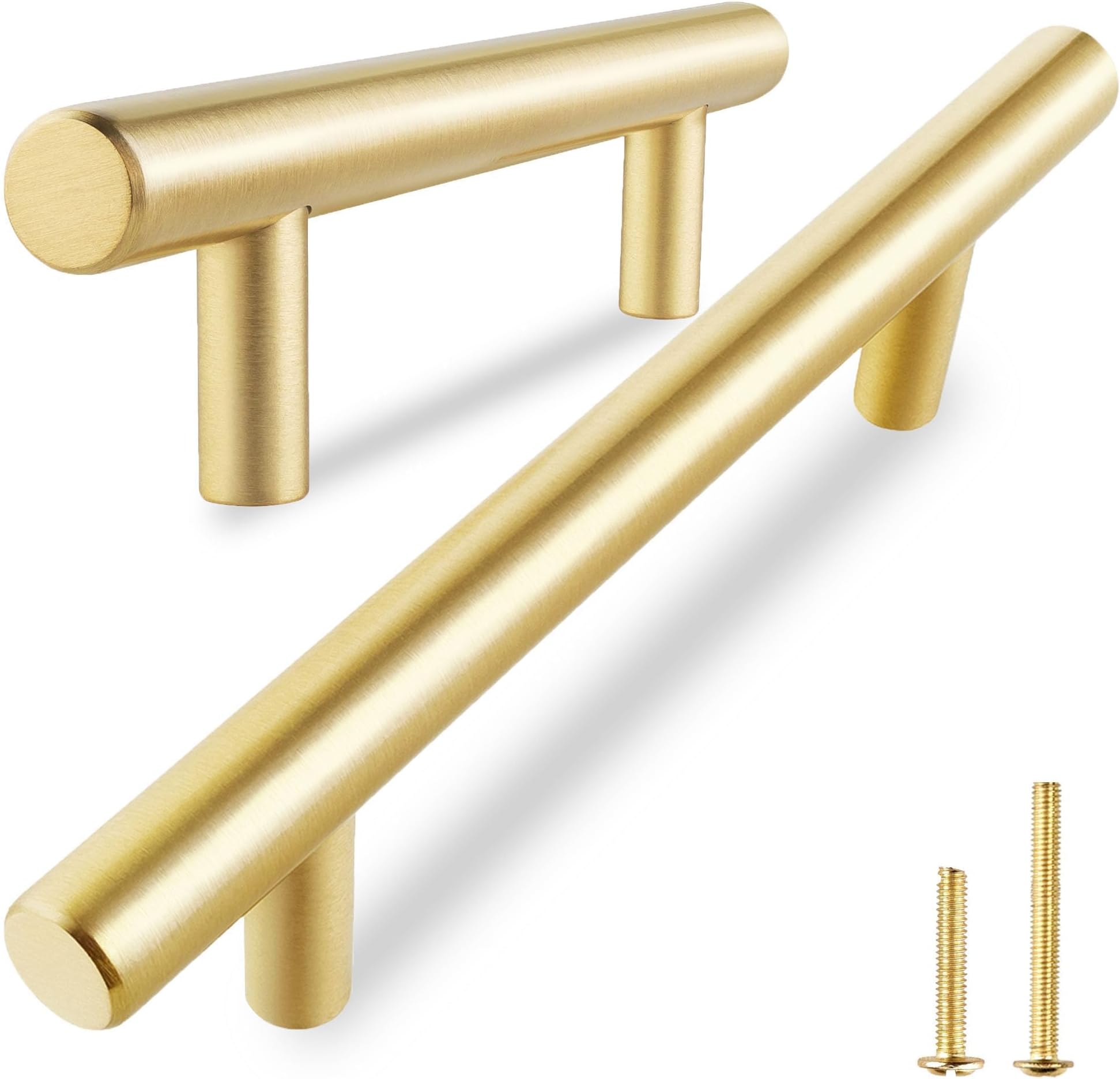 QOGRISUN 5-Pack Solid Brass Cabinet Pulls, Gold Euro Style T-Bar Handles, 5 Inch Hole Center for Kitchen Drawers, Cupboard, Dresser, Bathroom Vanity, Brushed Brass Finish