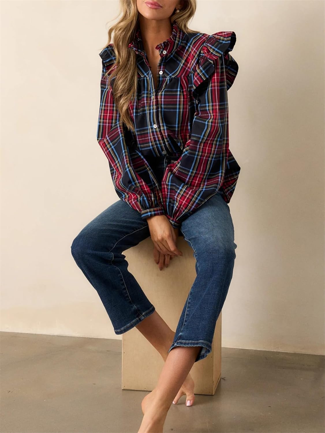 Plaid Shirts for Women Ruffle Button Down Shirts Puff Long Sleeves Blouses Collared Casual Tops - Image 6