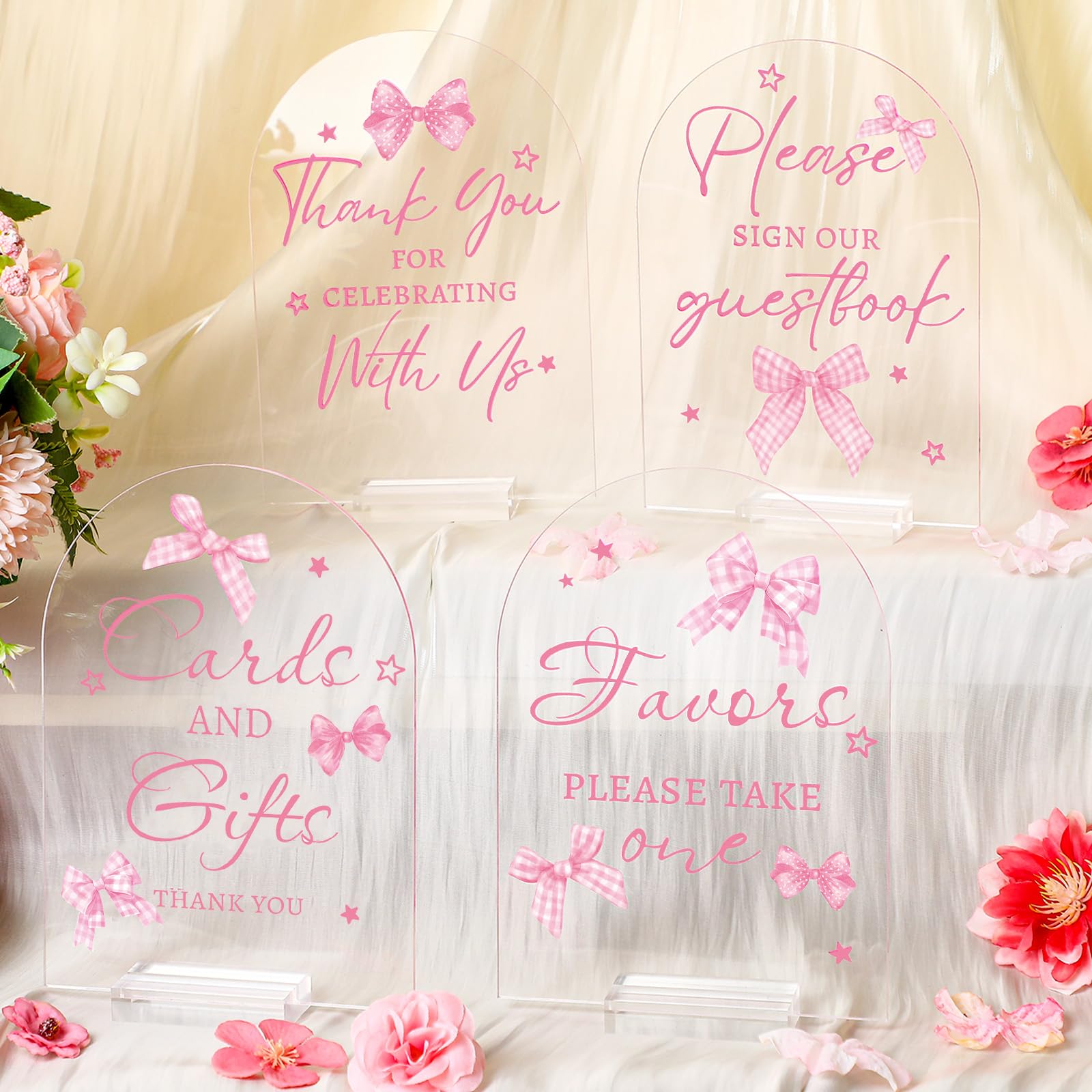 4 Pcs Pink Baby in Bloom Table Signs Bow Baby Shower Decorations with Stand Thank You for Celebrating with Us Signage Reception Cards Acrylic Sign