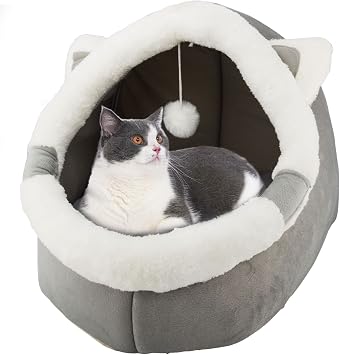 Cat Beds for Indoor with Hanging toy, Small Dog Cave Bed with Anti-Slip, Kitten Tent House Removable Cushioned Pillow, Super Soft Calming Pet Sofa Mats Ideal for Cats and Puppy or Rabbit