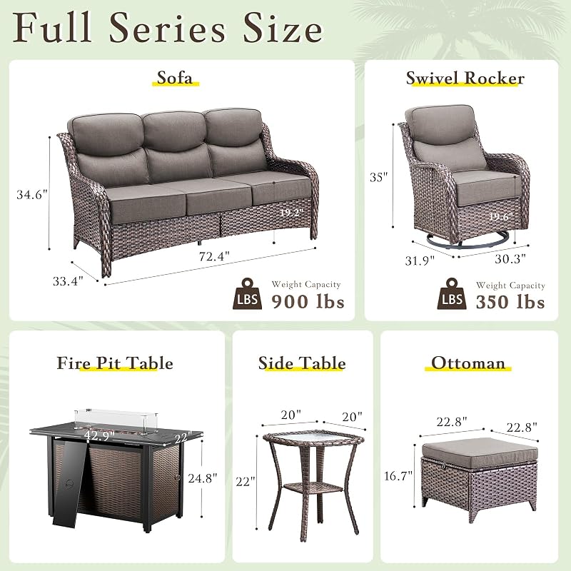 9 PCS Patio Furniture Set with Fire Pit Table & Swivel Chairs, Brown/Grey image 6