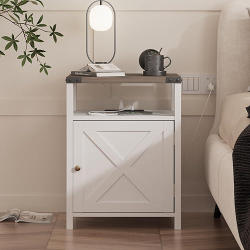 Miniatura 2 de Fameill Nightstands Set of 2, Night Stand with Charging Station, Bed Side Table with Storage Cabinet, Farmhouse End Table for Living Room with USB