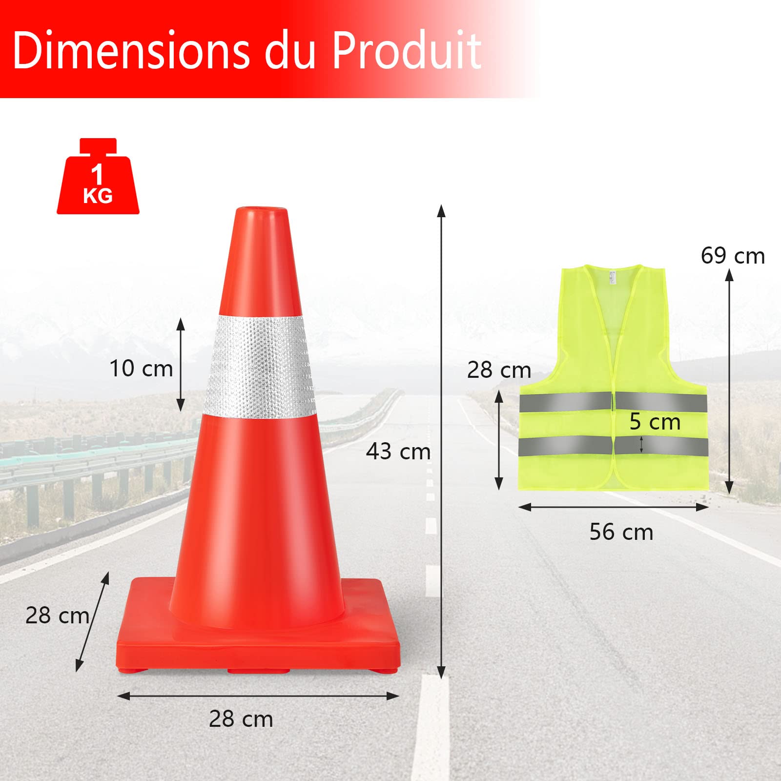 GYMAX Lot de 12 Cônes de Signalisation en PVC 43 CM, Cônes de Sécurité Routière avec Bande Réfléchissante, Gilet de Sécurité et Base Lestée, Cônes de Chantier pour Gestion du Trafic, Stationnement