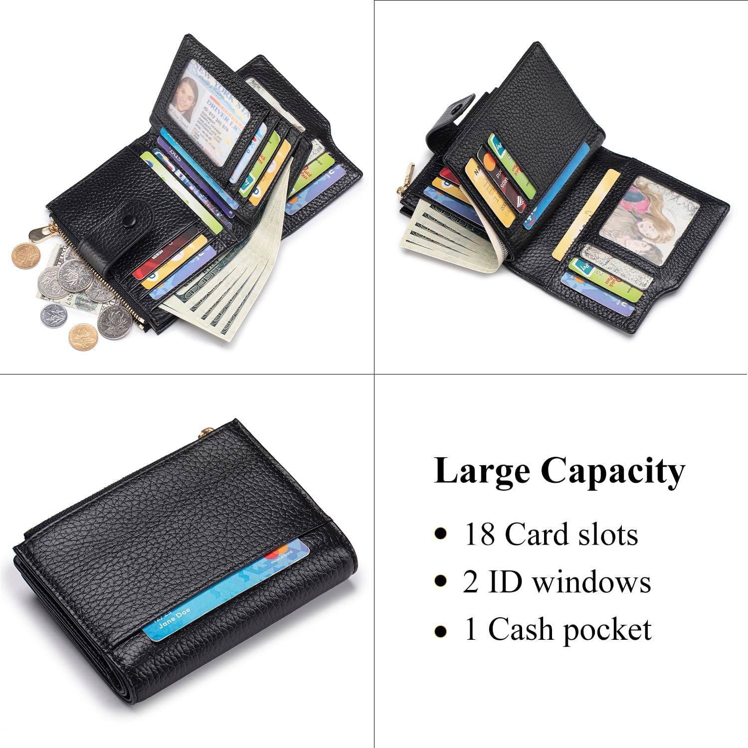 Genuine Leather Wallets for Women RFID Blocking Bifold with Zipper Pocket, 2 ID Windows, 18 Card Slots, Black