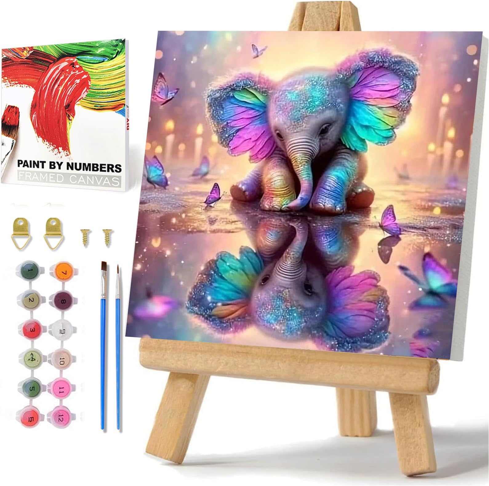 hkejoi Elephant Paint by Numbers Kit for Adults Beginner, Paint by Numbers with Frame and Easel, DIY Crafts Painting by Number for Gift Home Wall Decor 9.84x9.84 inch