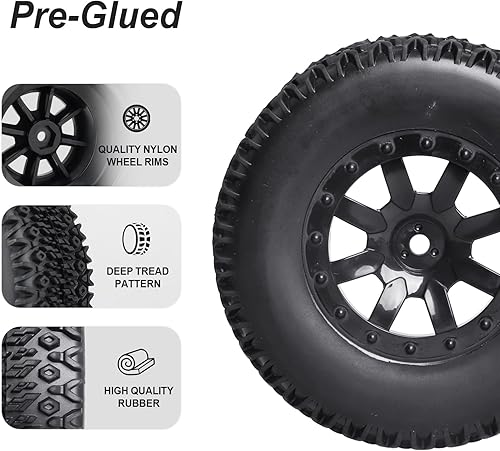 Miniatura 16 de HobbyPark Neumáticos y ruedas RC prepegados de 0.472 in hexagonal para escala 1/10 RC Short Course Truck Traxxas Slash 4x4 2WD BL-2S, Redcat