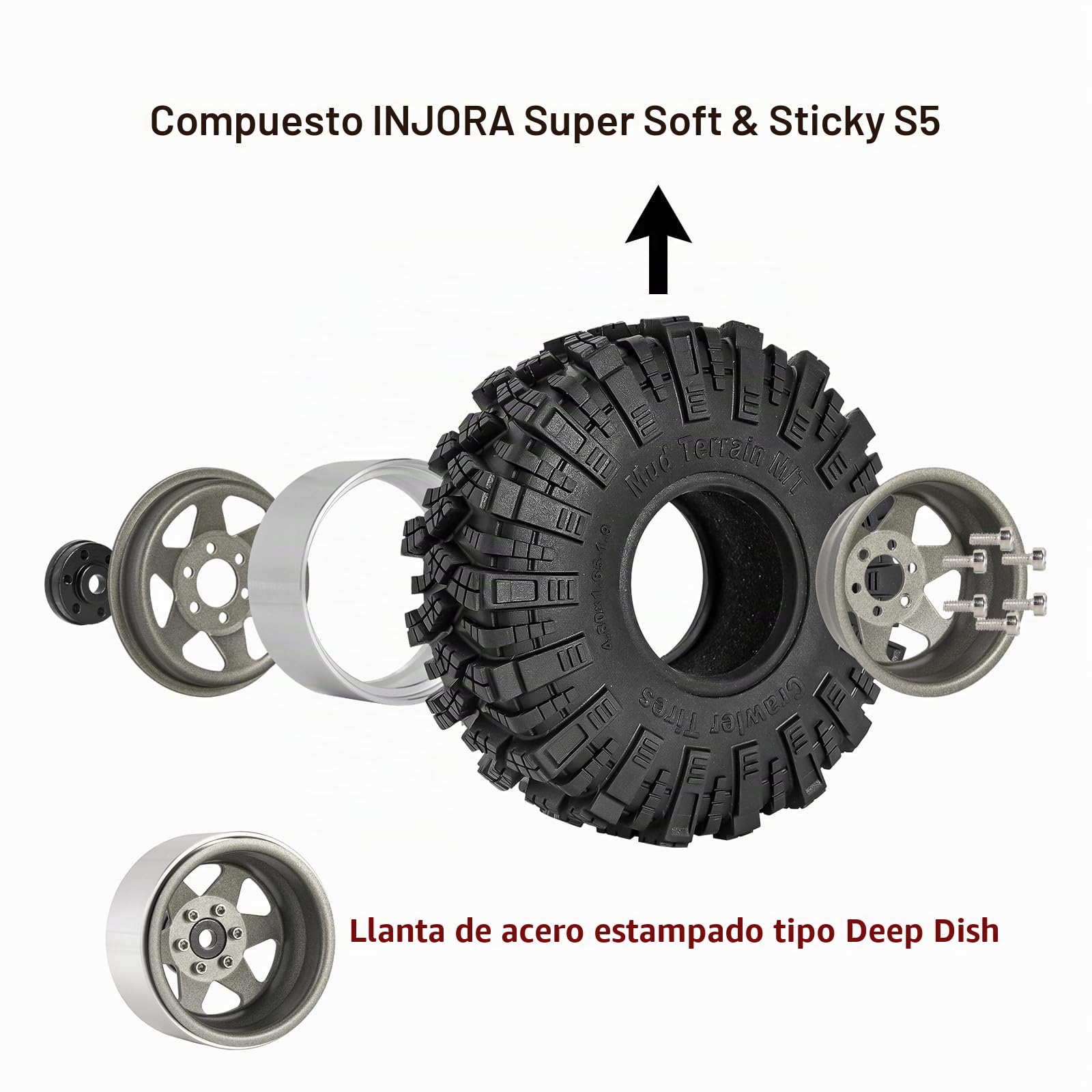 INJORA 1.9 Barro Juego de Neumáticos Desplazamiento -8.9mm Llanta Beadlock para 1/10 RC Crawler Coche Axial SCX10 90046 UTB18 TRX4,Gris