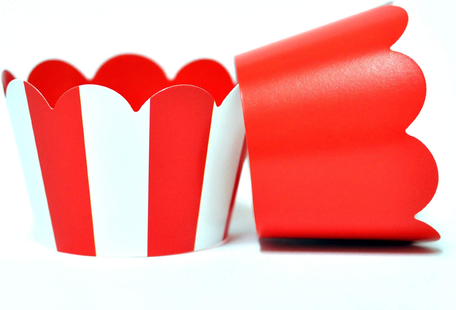 Red and White Stripe Cupcake Wrappers for Kids Birthday Parties, Baby Showers, Circus themed parties and school events. Set of 24 Reversible Red and White Vertical Striped to Solid Red Cup Cake Holder