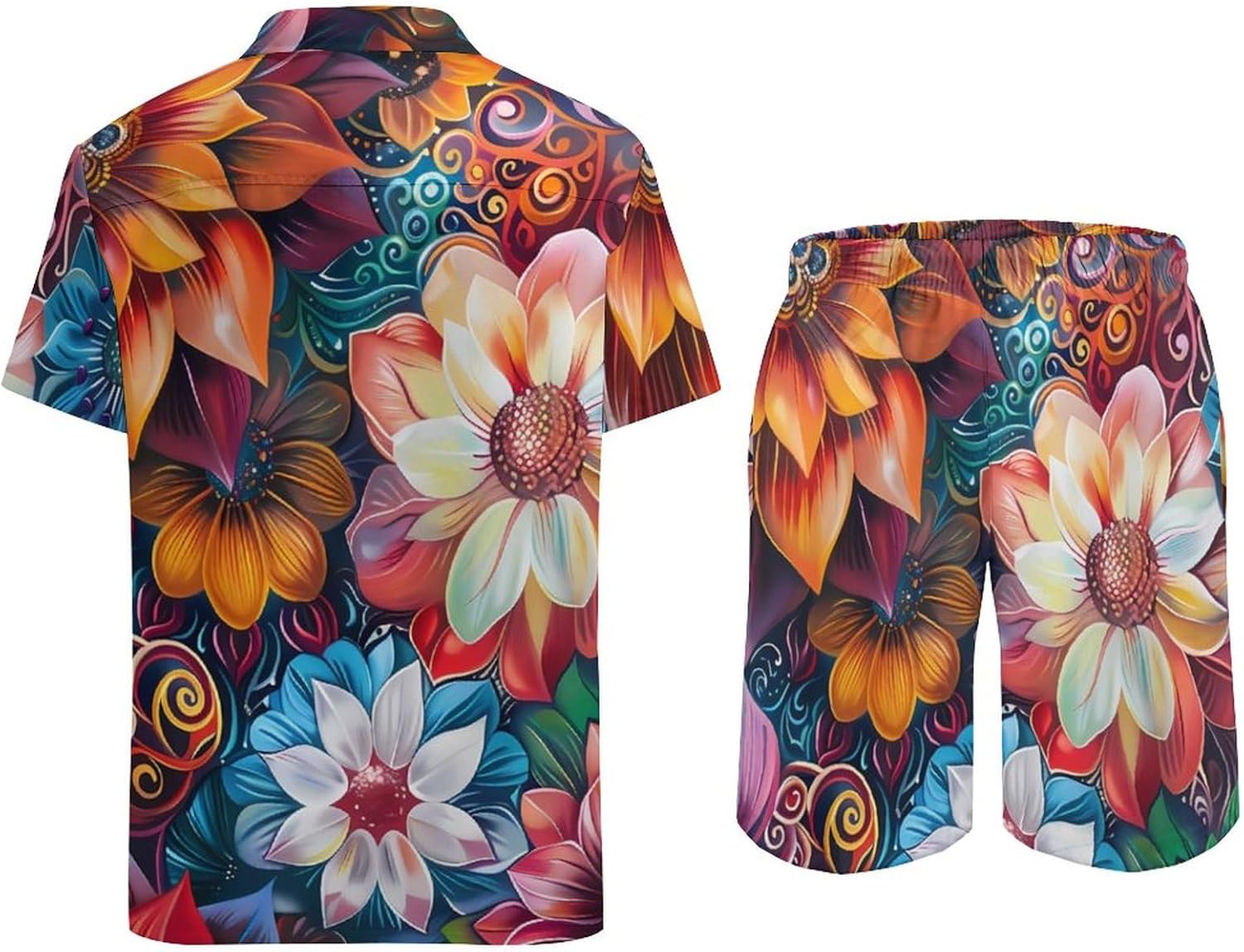 Colorful Floral Mandala Men's Summer Beach Outfits Shirt And Shorts Set 2 Piece Vacation Swimwear