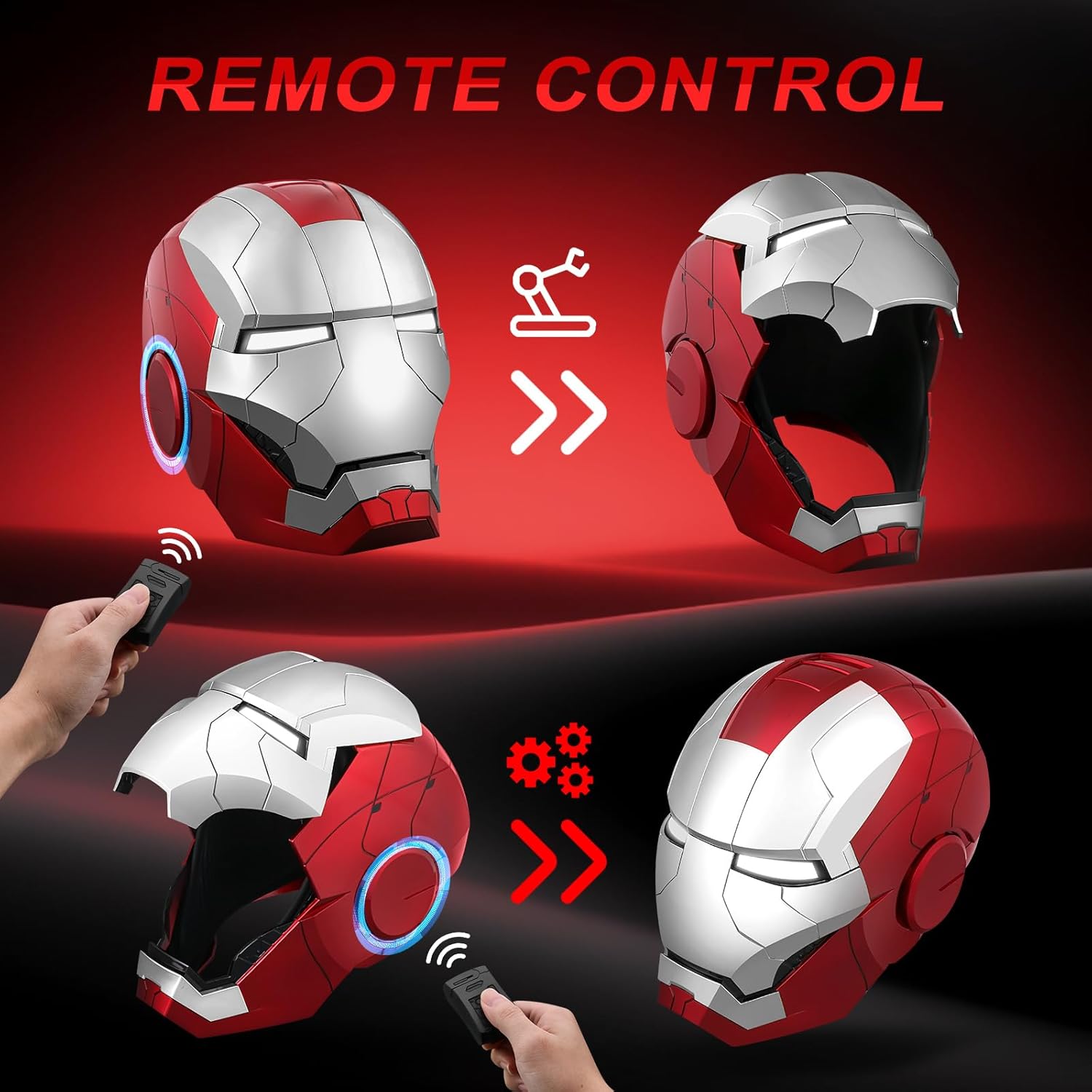 Red and Silver Motorized Iron Helmet with Eyes Glow, Touch Control and Sound，Effects for Cosplay, Costume Party, Collectible Display Cool Stuff Amazing hot Toys for Adult Gifts for Age 12+Years Old - Image 5