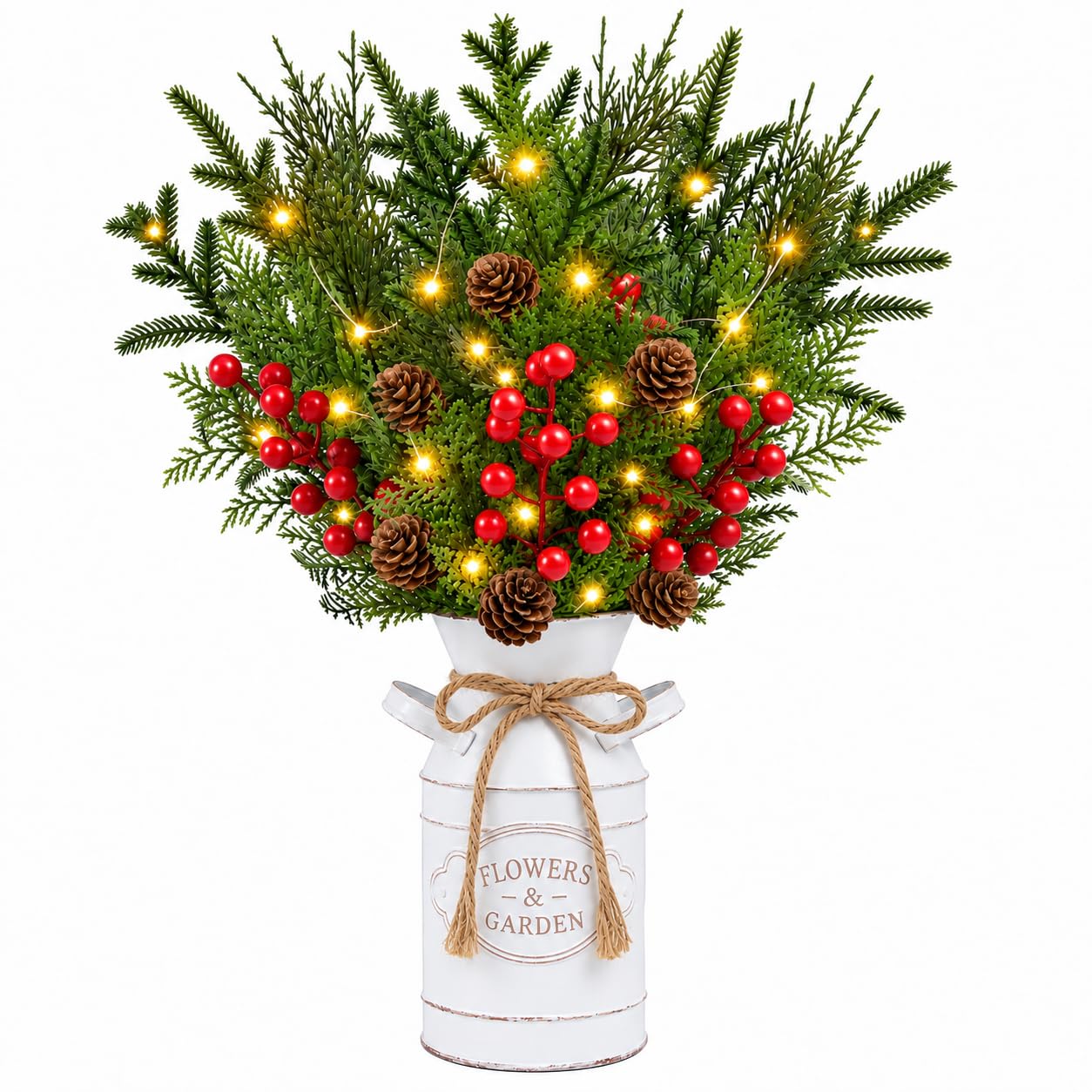 Christmas Table Decor with Metal Pot, Winter Xmas Centerpieces for Tables