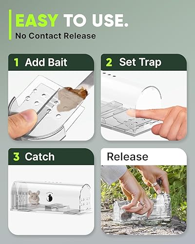 Miniatura 3 de Trampas para Ratones Humanas Motel Mouse Sin Matar 4 Pack - Reutilizable, Fácil de Usar y Limpiar, Liberación sin Tocar, Sensible Incluye Cepillo de