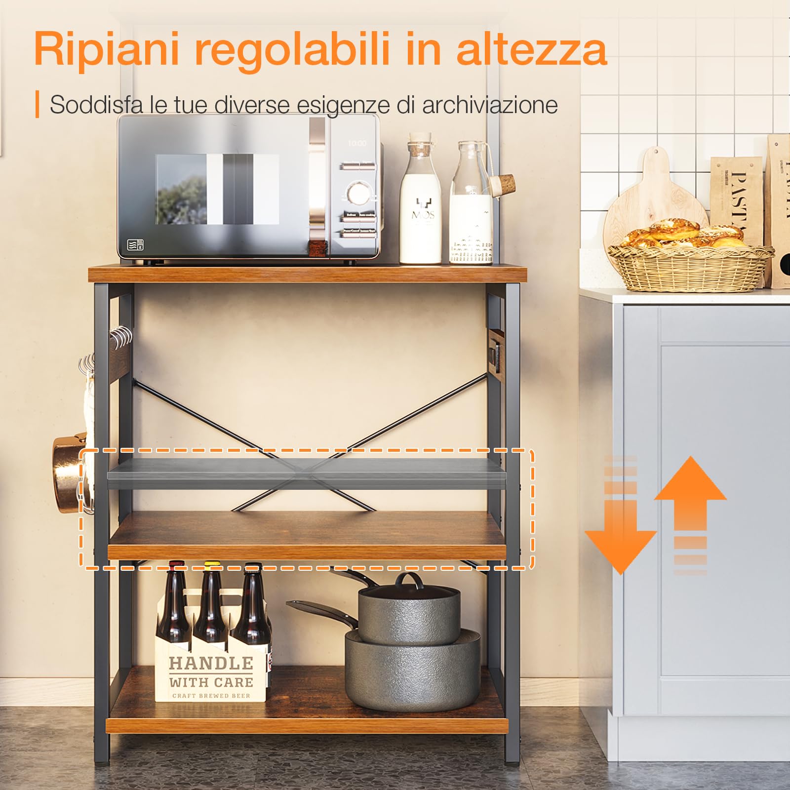 Coleshome Scaffale da Cucina con Prese Elettriche & Luci LED, Supporto per Forno a Microonde, Bar Caffè con 5 Ripiani e 5 Ganci, Struttura in Acciaio Industriale, 35x60x150 cm, Marrone Rustico