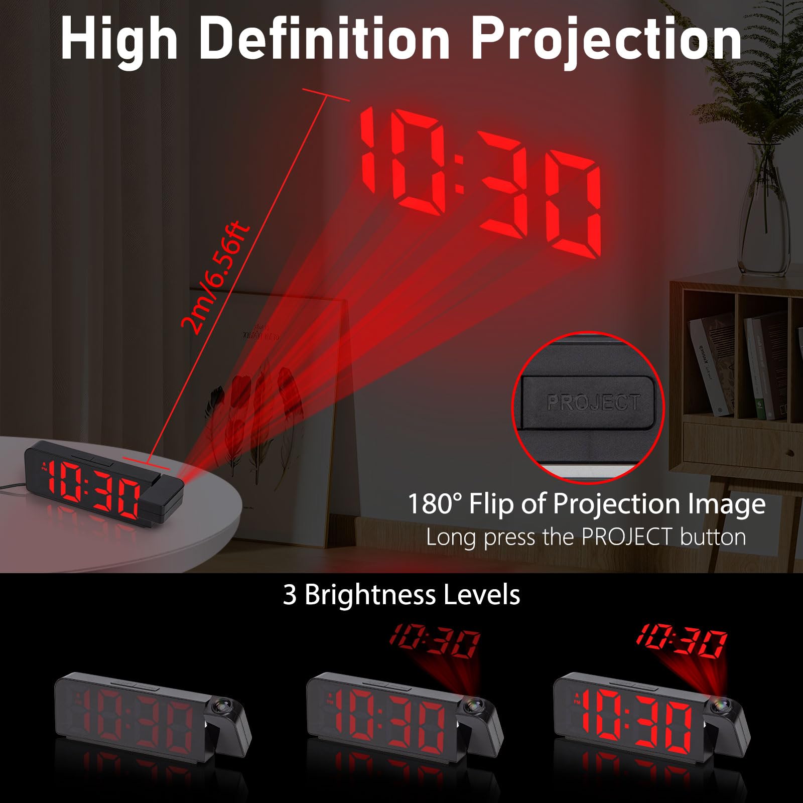 Sveglia con Proiettore Soffitto Sveglia Digitale da Comodino con Temperatura e Data, Display RGB 4 Livelli di Luminosità 12/24H Snooze