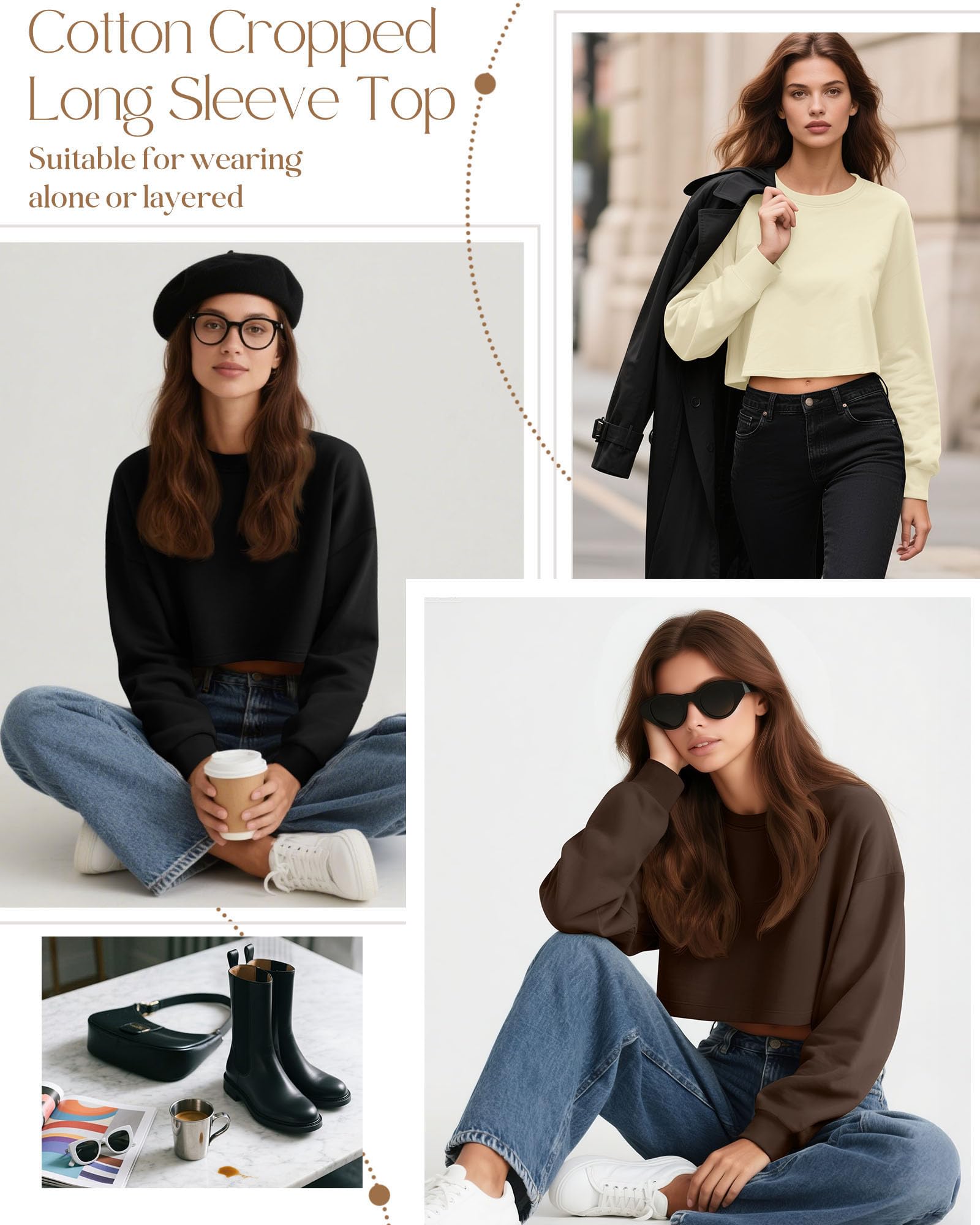 Ficerd Lot de 3 Hauts à Manches Longues Dame Court pour Femme | Manches Longues Décontractés, Oversize Col Rond Chemisier de Case pour Femme, Tee Shirt Sport Yoga