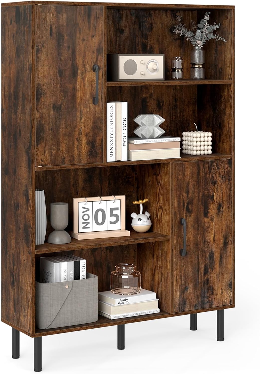 Giantex 47-Inches Storage Cabinet with Doors, Open Shelves, Anti-Tipping Device, 4-Tier Bookcase for Books & Photos, Tall Cupboard, Floor Cabinet for Living Room, Kitchen Buffet Sideboard (Brown)