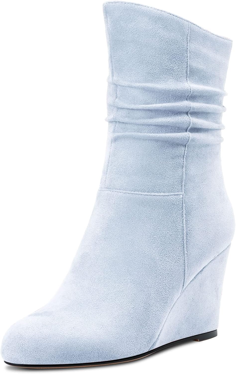 DearOnly Womens Mid Calf Short Bootie Ankle Boots Closed Round Toe Wedge High Heel Suede Dress Shoes Vintage Classic Zipper 4 Inch