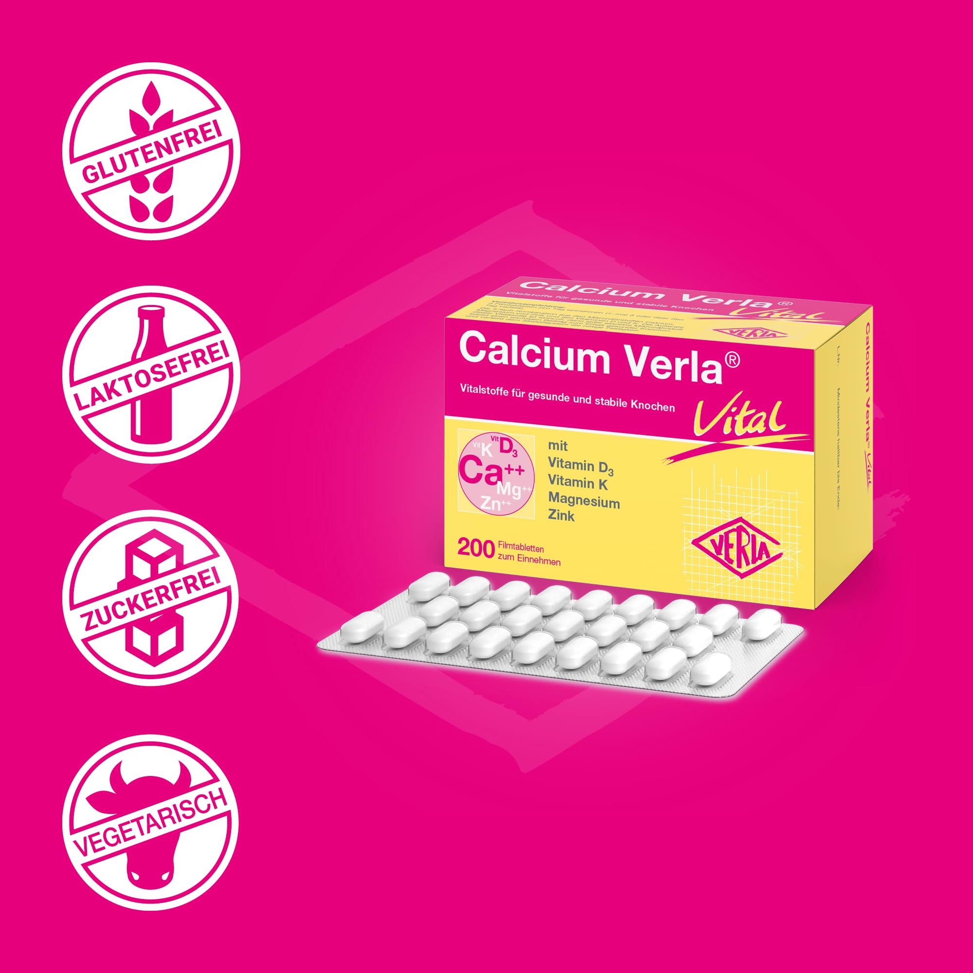 Calcium Verla vital Tabletten – Mit der 5-fach Vitalstoffkombination 600 mg Calcium + 100 mg Magnesium + 5 mg Zink + 800 I.E. Vitamin D3 + Vitamin K, 200 St