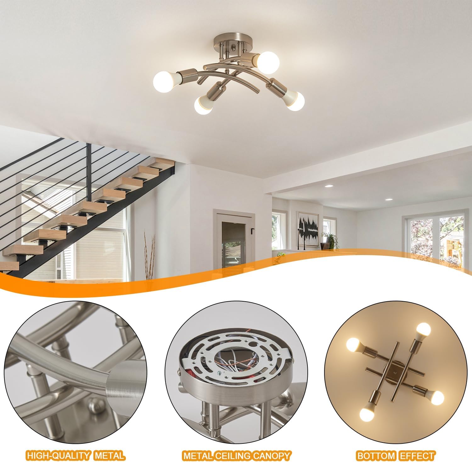 BUXVRCS Semi Flush Mount Ceiling Light Fixture, Modern Sputnik Chandelier Light Fixtures, Industrial Kitchen Light Fixtures Ceiling Mount, 4-Light Dining Room Light Fixture Bedroom (Brushed Nickel) Silver