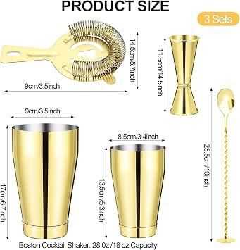 Mwellewm Cocktail Shaker Set,Boston Shaker 15Pc Drink Shaker Bartending Kit | 18OZ & 28OZ Stainless Steel Weighted Shaker Tins, Martini Shaker Mixer, Bar Tools for Professional Beginner,Home & Bar Gold