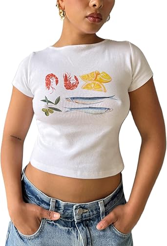 Women's Short Sleeve Y2K Baby Tees E-Girls Cute Graphic Print Crop Tops Slim Fit T Shirts Retro Vintage Aesthetic
