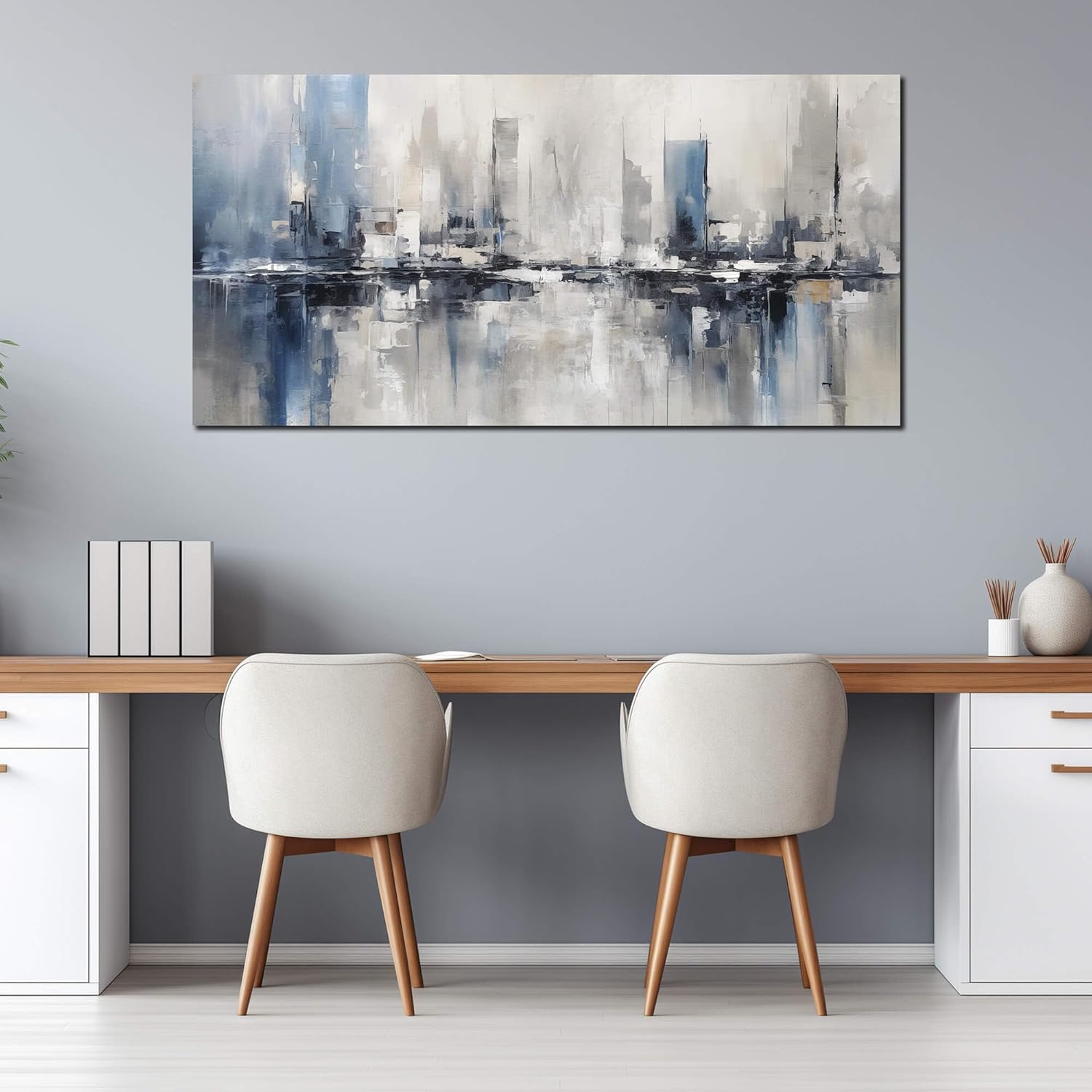Large Abstract Wall Art for Living Room Canvas Wall Art Blue White and Grey Pictures Wall Art for Living Room Bedroom Office Bathroom Kitchen Modern Canvas Artwork Decor Minimalist Artwork 29"x 58"