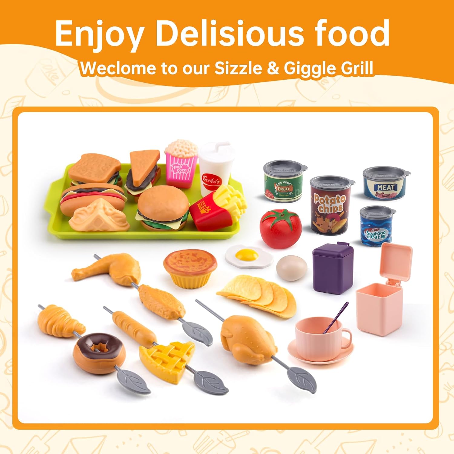 120Pcs Mini Play Kitchen Accessories, Kids Pretend Cooking Playset with Desserts, Cuttable Veggies & BBQ & Storage Basket, Educational Role-Play Gift for Toddlers, Child, Pink - Image 8