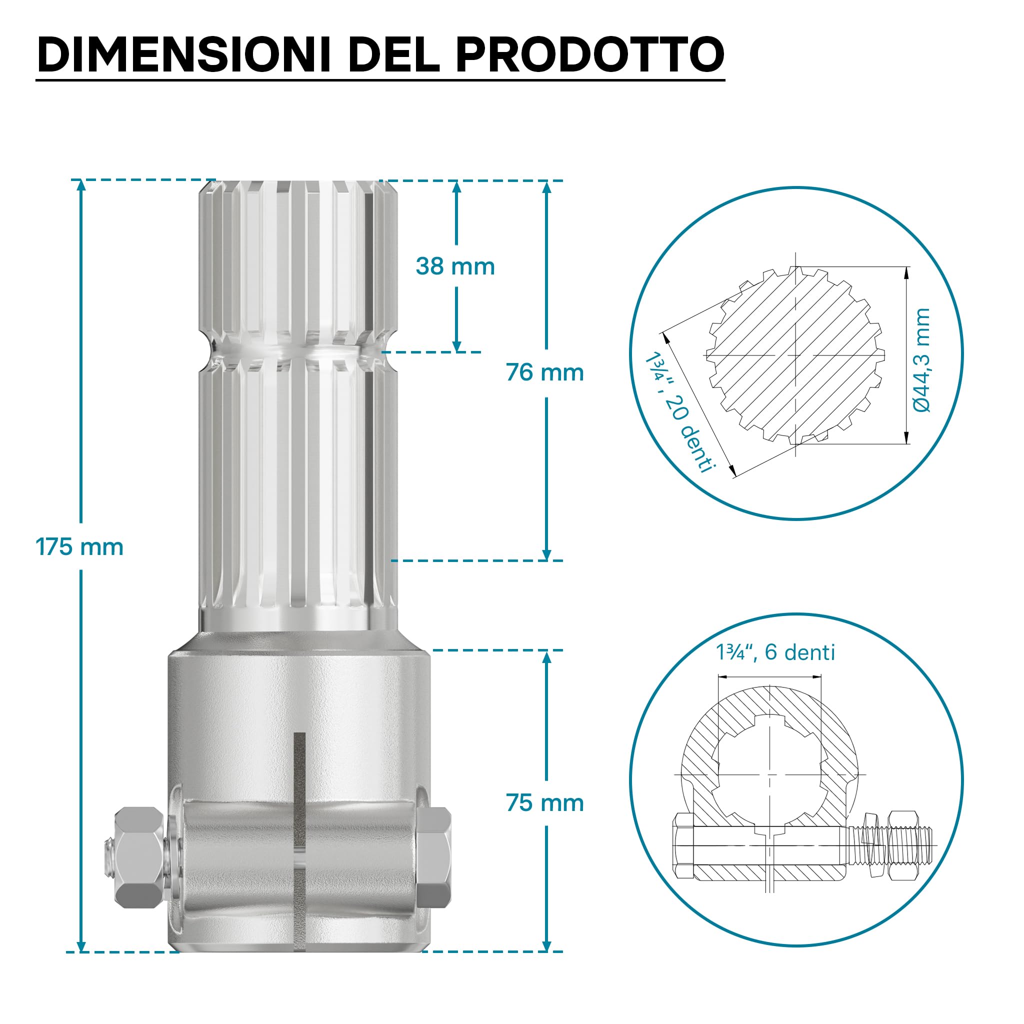 Wiltec Boccola Albero cardanico 175 mm Attacco Albero scanalato 1 3/4" 6D Albero Uscita 1 3/4" 20D Trattore