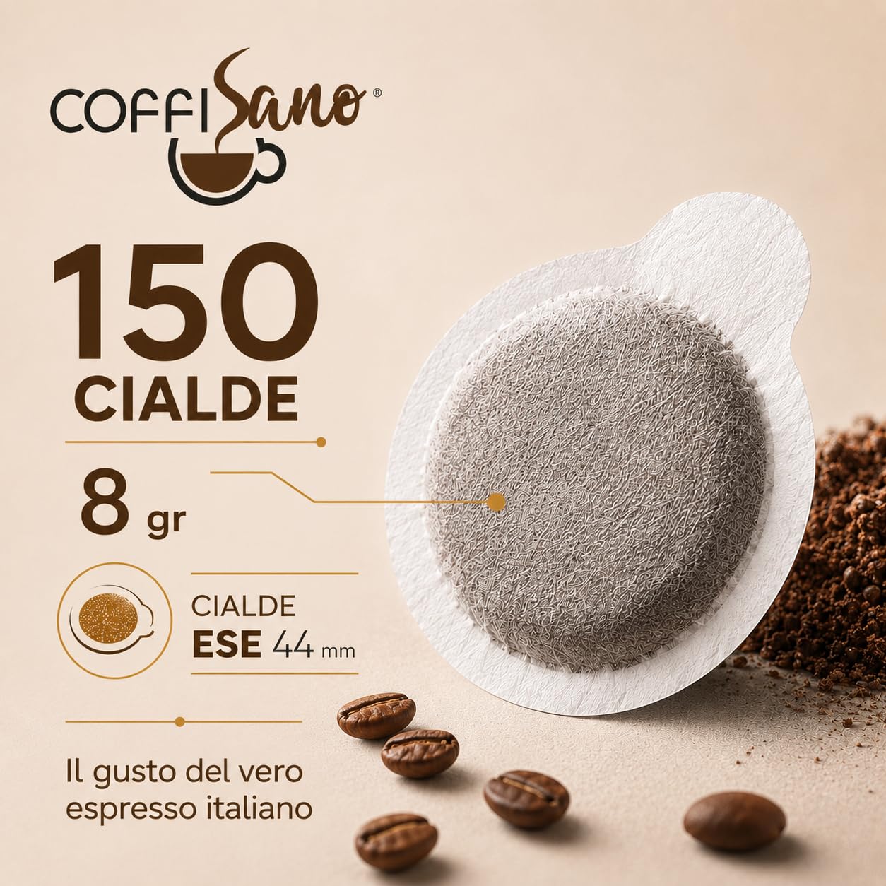 COFFISANO 150 Cialde Miscela Palermo Caffe ESE 44 mm in Filtrocarta, 8 g a Cialda, Espresso Italiano Intenso e Corposo, Bustine Monodose, Tostato in Italia (Confezione da 4)