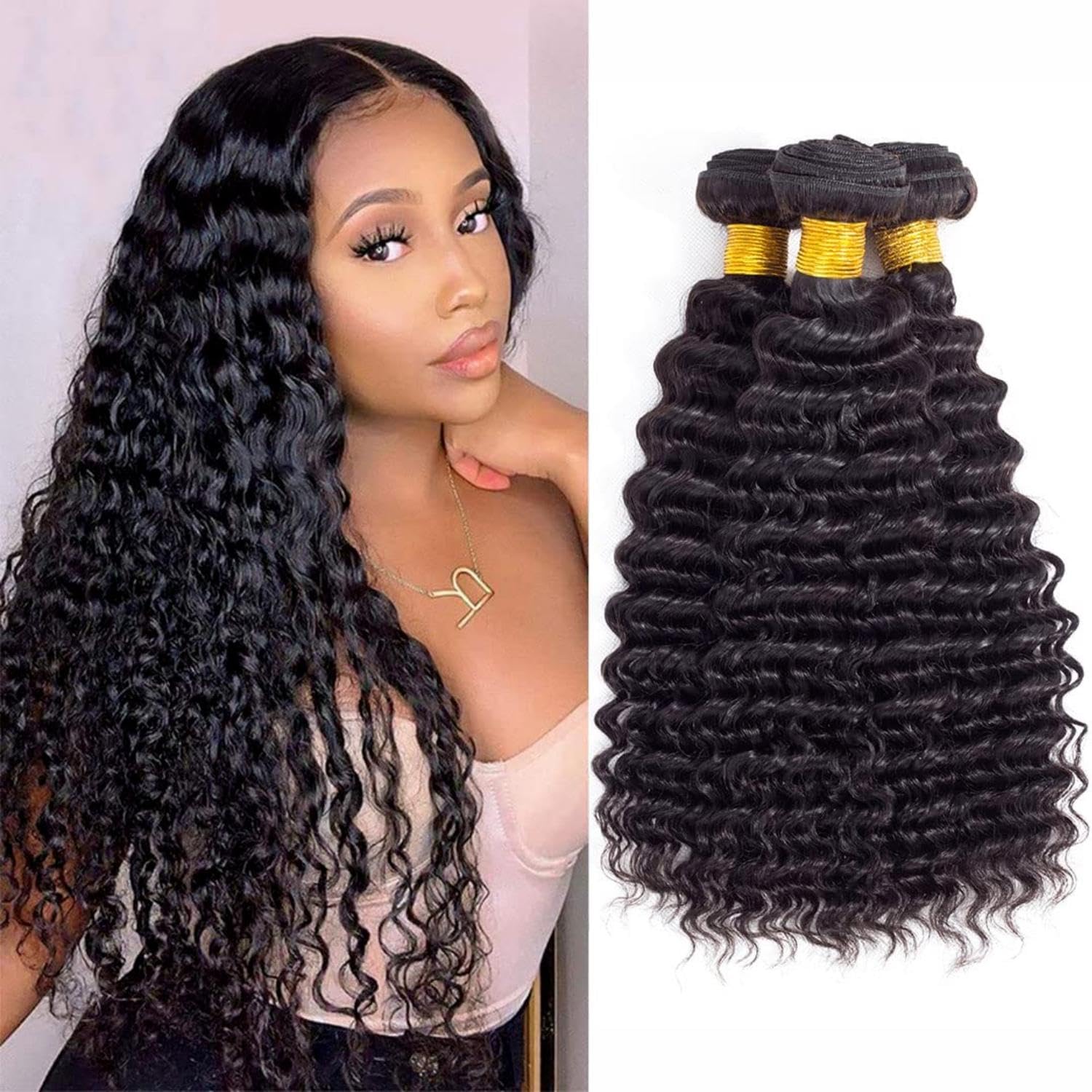 Deep Wave Human Hair Bundles 12A Brazilian Human Hair 18 20 22 24 Inch Curly Bundles Double Weft Natural Black