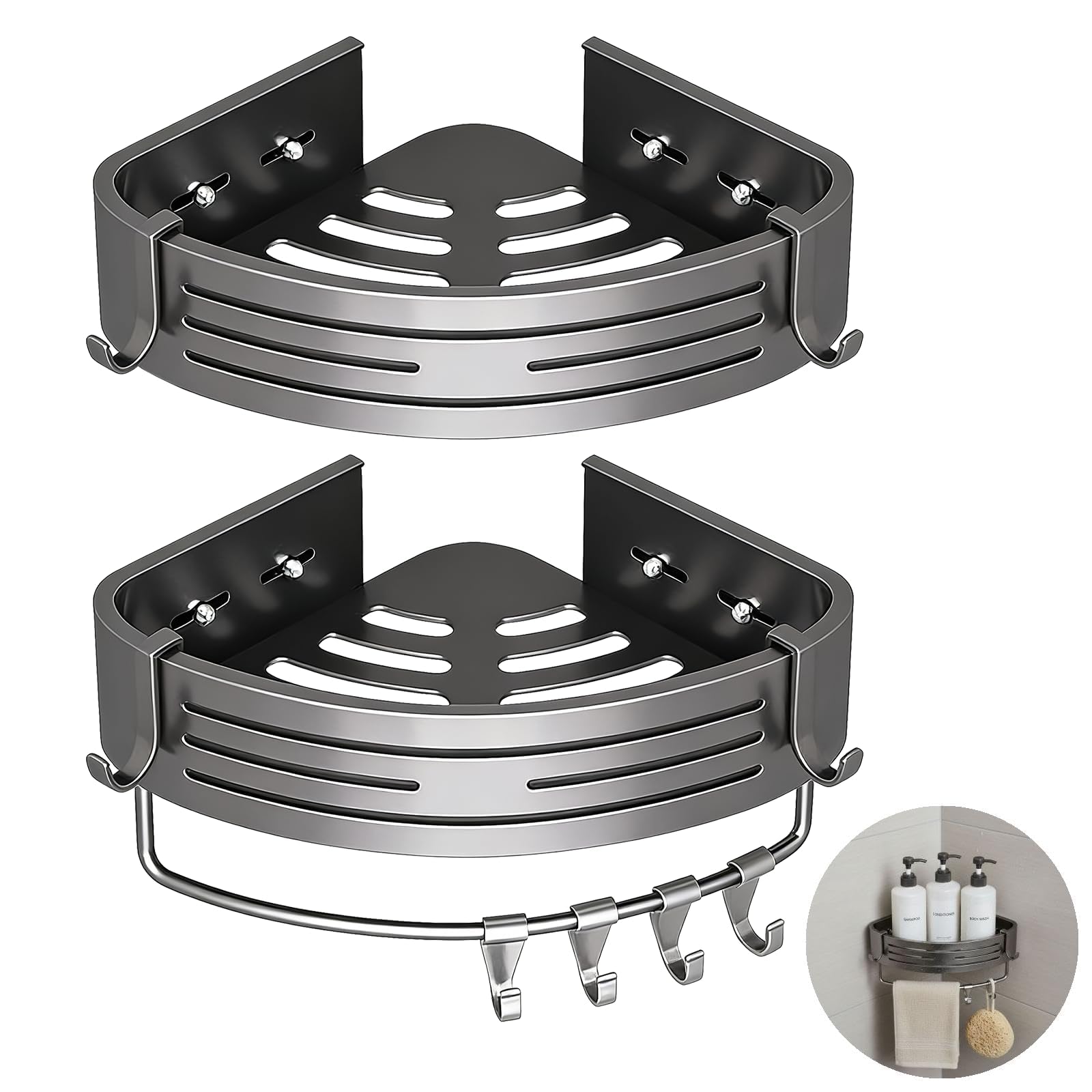 AYCDL Rustproof Aluminum Corner Shower Caddy 2-Tier No Drilling nizer with Towel Bar & Hooks Adhesive Shower Shelf for Bathroom Space-Saving 11.8x8.9x2.6 In