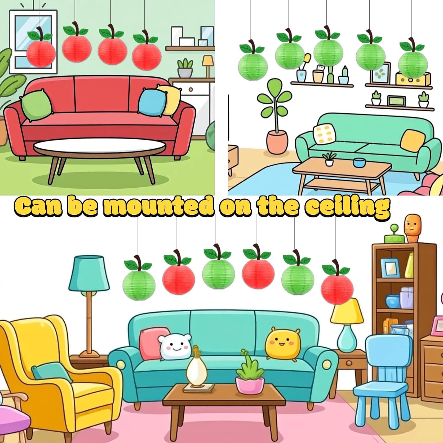 Chinese Cartoon Apple Paper Lanterns - Cute Fruit Hanging Decor for Birthday, Back to School, Classroom, Party, Festival and Home Decoration (10-Pack, 10 Inch, Red/Green)