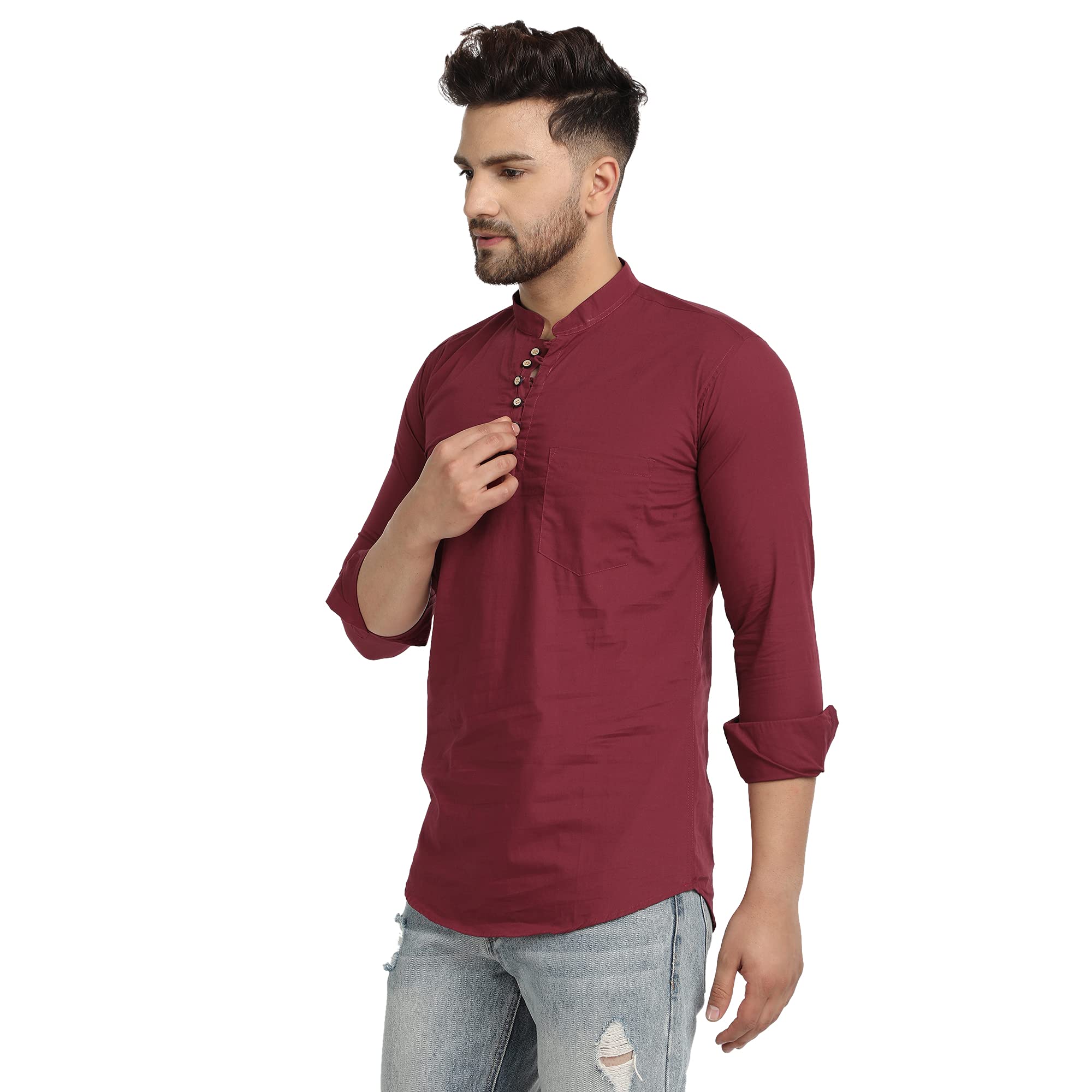 Majestic Man Cotton Solid Slim Fit Casual Short Kurta For Men (X-Large, Maroon) 1