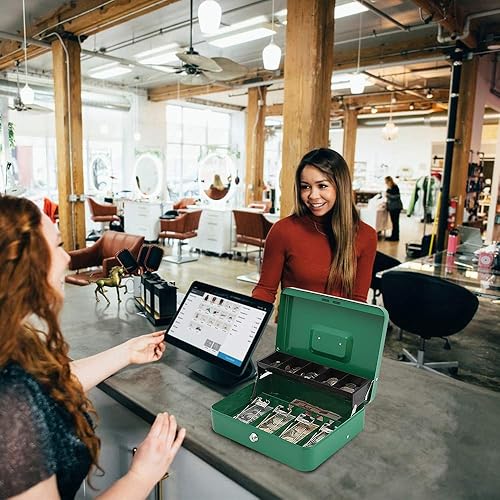 Miniatura 6 de Xydled Caja de efectivo con bandeja de dinero y cerradura de llave, escalonada, 4 espacios para billetes5 ranuras para monedas, 11.8" x 9.5" x 3.5"