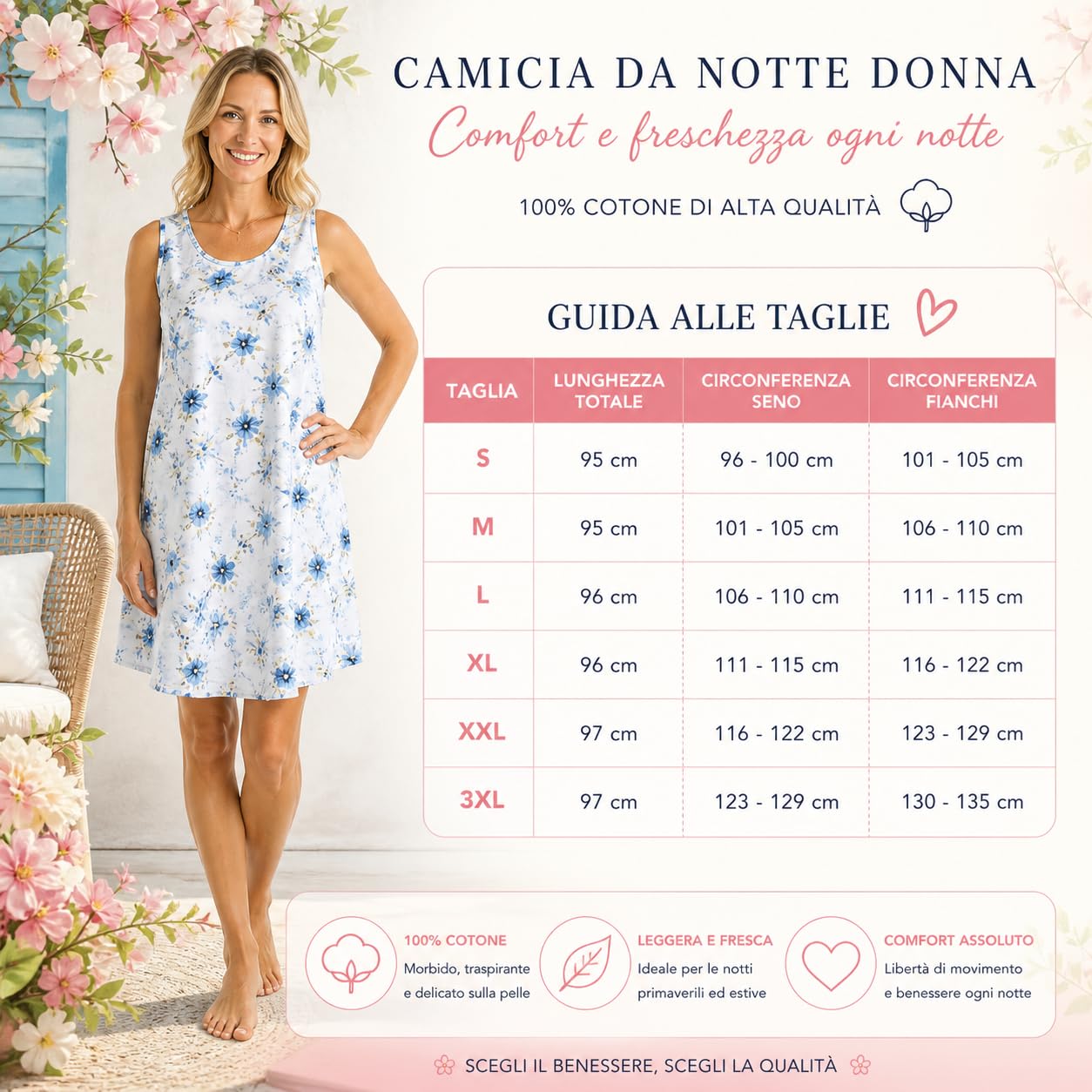 Leedya Camicia da Notte Donna Primaverile/Estiva 100% Cotone Made in Italy – Spalla Larga, Fresca e Traspirante, vestibilità Comoda
