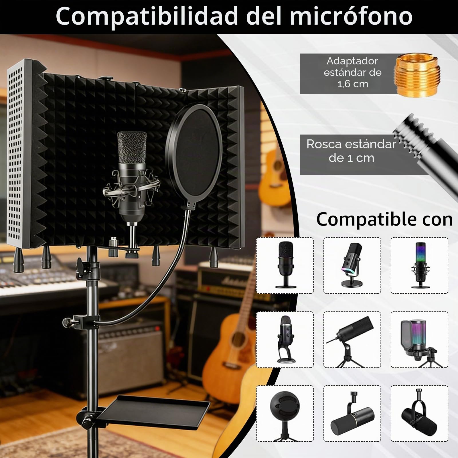 Insonorización De Micrófonos, 5 Paneles Pantalla Antiviento De Espuma Acústica Con 180cm Trípode Para Adaptadores De Micrófono De 9,5 mm A 16,5 mm Para Equipos De Grabación Y Estudio