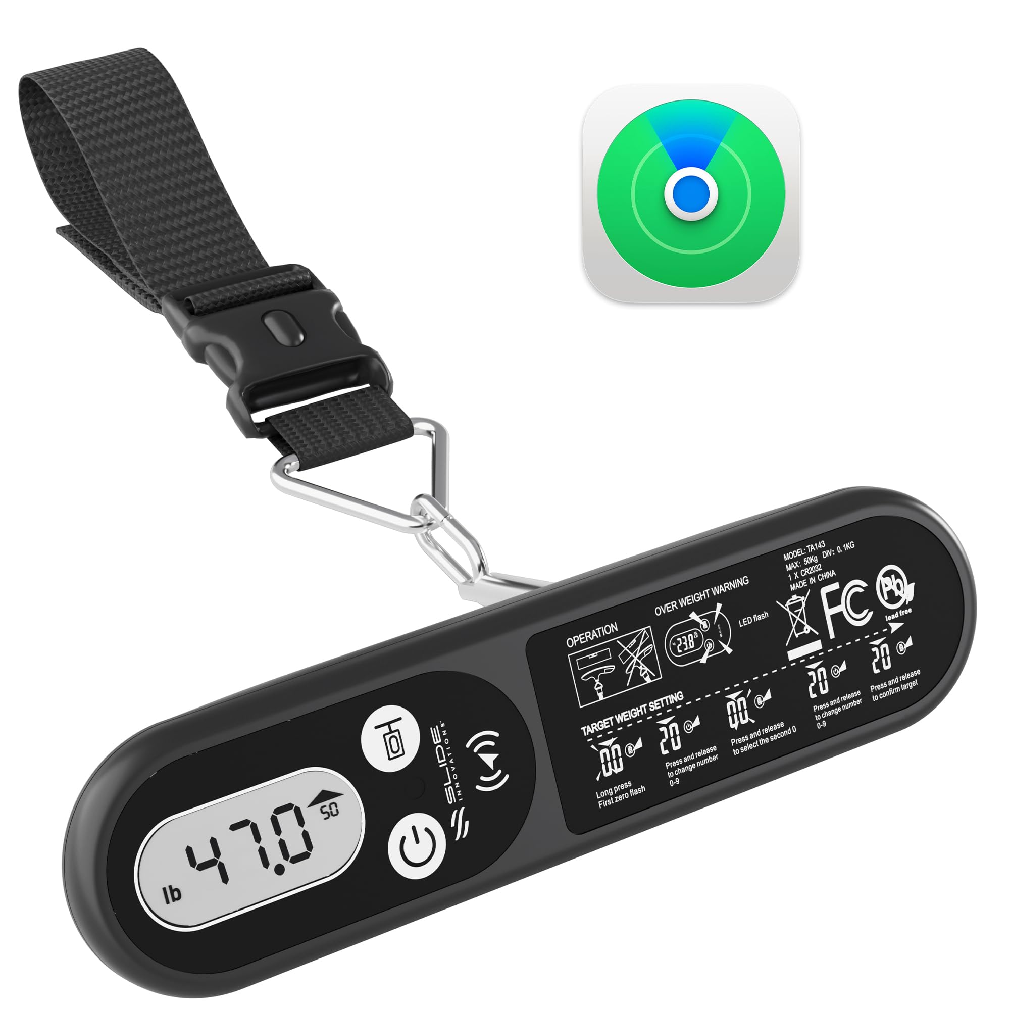 Slide Innovations Báscula digital de equipaje, báscula portátil para colgar equipaje con asa, batería incluida, ideal para maletas, equipaje y bolsas