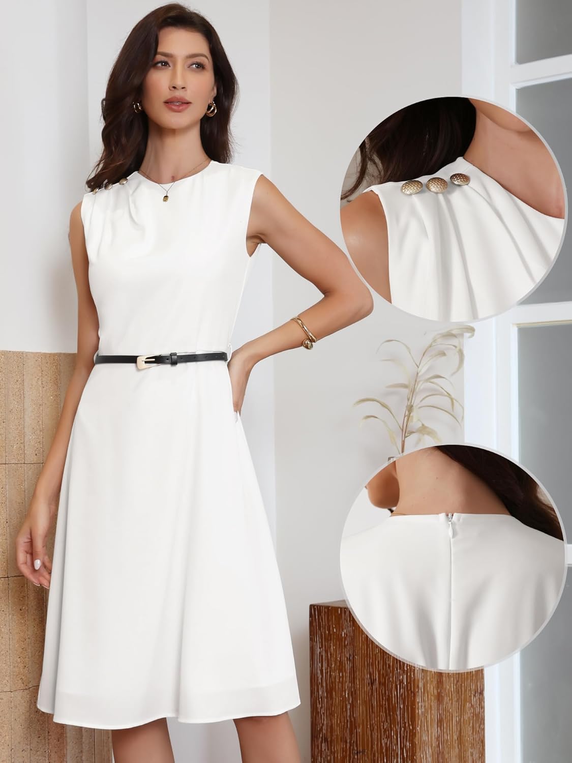 Allegra K Work Dress for Women Sleeveless Button Decor Belted A Line Business Casual Dresses - Image 4
