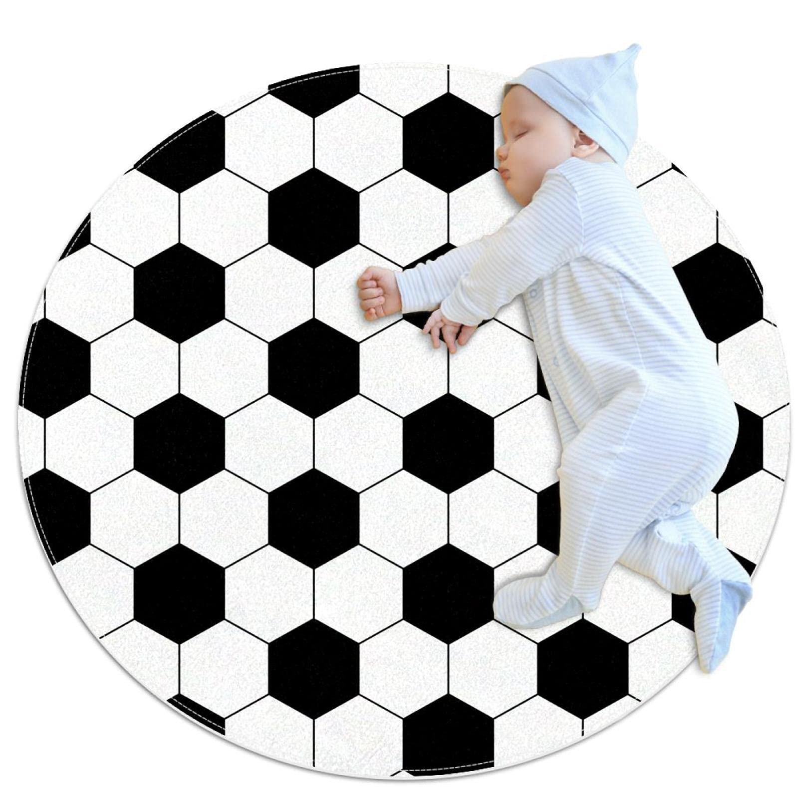 Tapis de sol football antidérapant rond paillasson chambre lit enfant noir blanc
