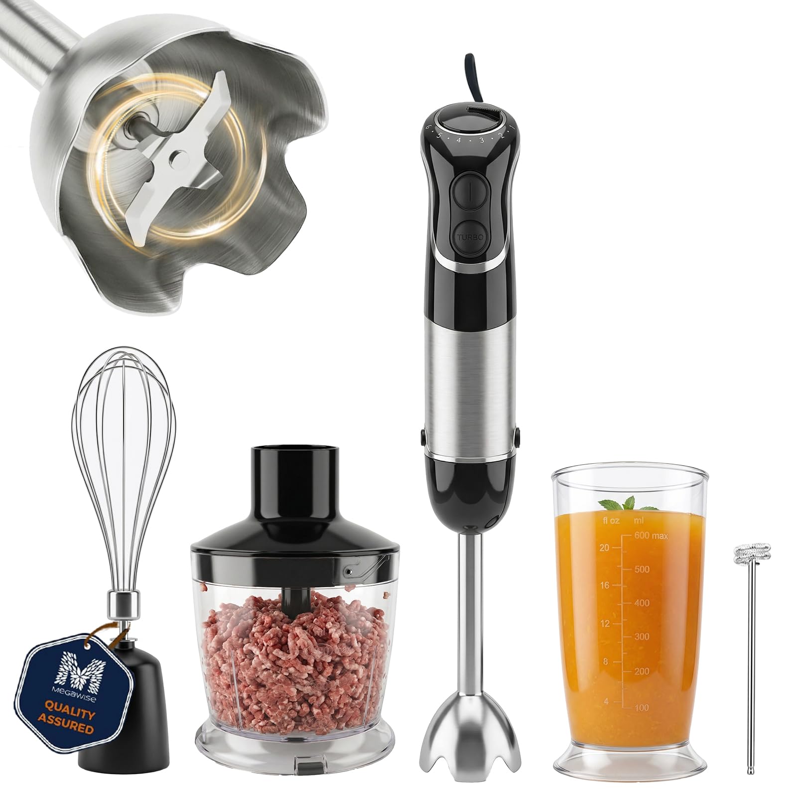 MEGAWISE - Licuadora de mano de inmersión 5 en 1 de 1000 W, batidora con batidor, espumador de leche, picador de alimentos y precipitados, batidora de mano de acero inoxidable de múltiples velocidades