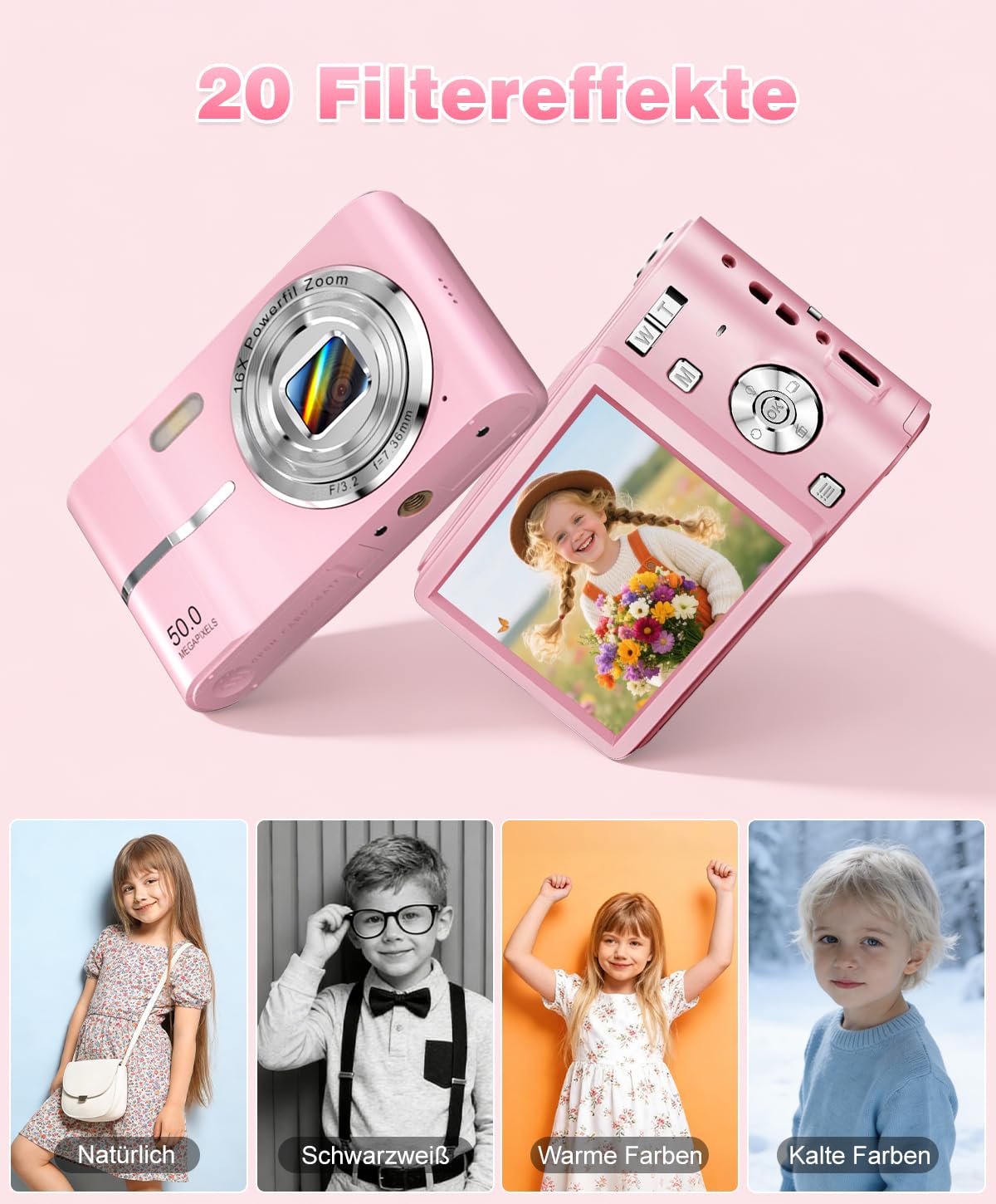 Digitalkamera 50MP Fotokamera 1080P Videokamera mit 16X Digitalzoom, 2,4" Bildschirm Vlogging Kamera Fotoapparat Mini Kompaktkamera für Kinder Teenager, 16G Karte (Rosa)