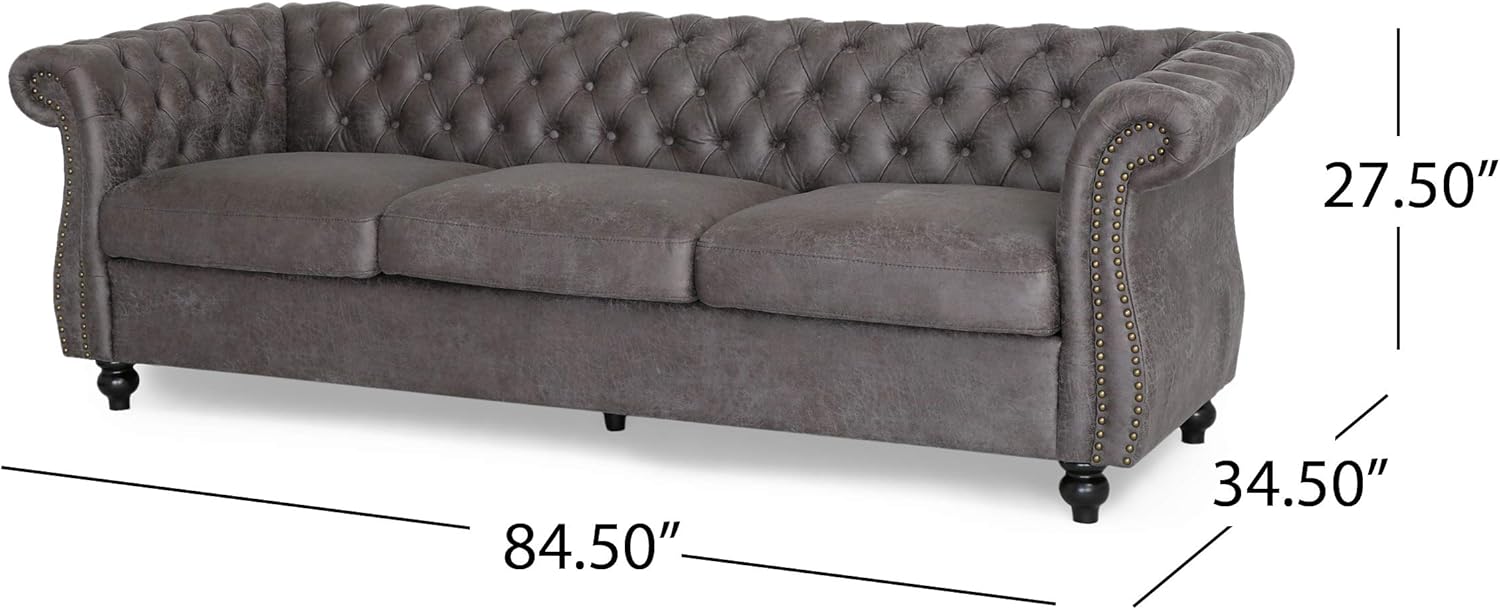 Great Deal Furniture Vita Chesterfield Tufted Microfiber Sofa with Scroll Arms, Slate Slate, Dark Brown