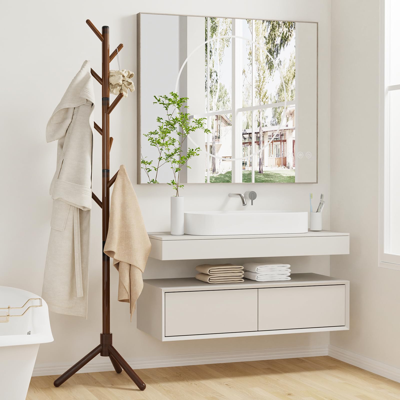 Attaccapanni da Terra, Appendiabiti Camera da Letto con 8 Ganci, Base Triangolare Stabile, per Ingresso, Corridoio, Entrata, in Legno, Marrone, 42×180cm