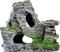 Caverna artificial de pedra de aquário de rocha de musgo, decoração de aquário de resina para esconder e paisagismo, ornamento de terreno de montanha pequeno, habitat de aparência natural para
