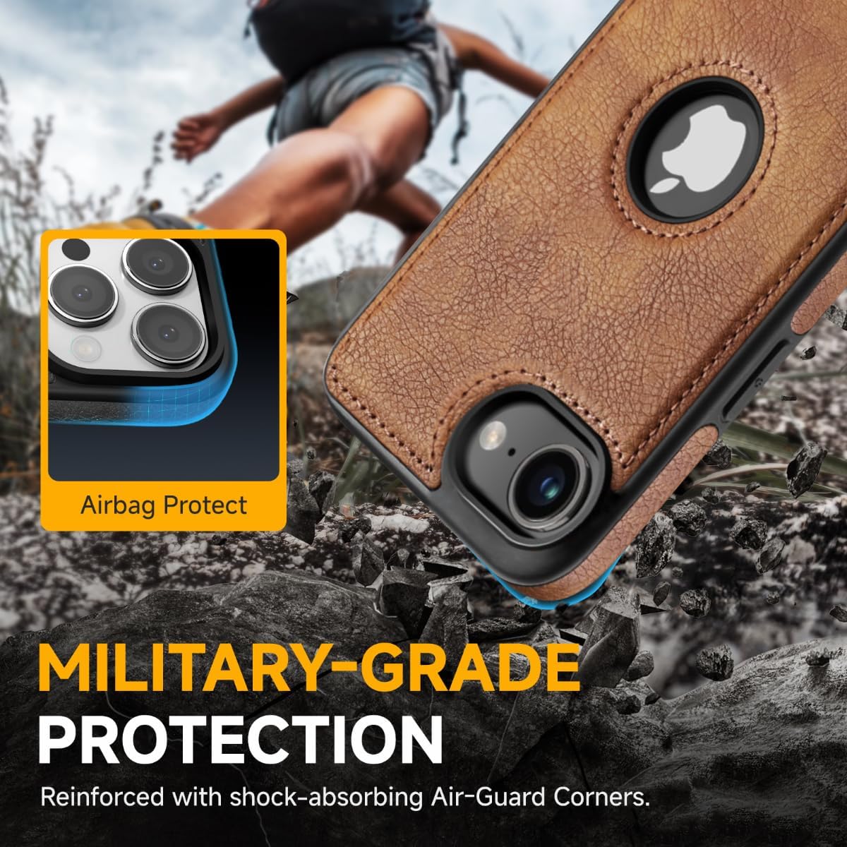 for iPhone 16E Leather Case with Hidden Alloy Stand, Logo View Vintage Leather Protective Kickstand Phone Cover 2025 6.1 Inch (Brown) - Image 6